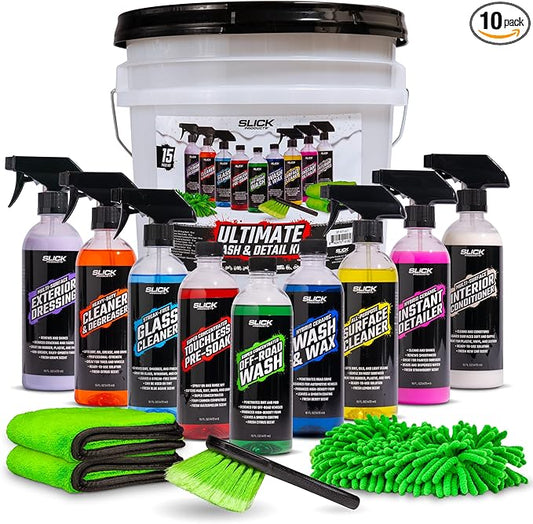 Slick Products Ultimate Wash & Detail Kit (15 Piece) for Car, Truck, Motorcycle, UTV, Dirt Bike, Side by Side, ATV, Off-Road Truck, Jeep, Boat, Jet Ski, Watercraft, Mountain Bike and More