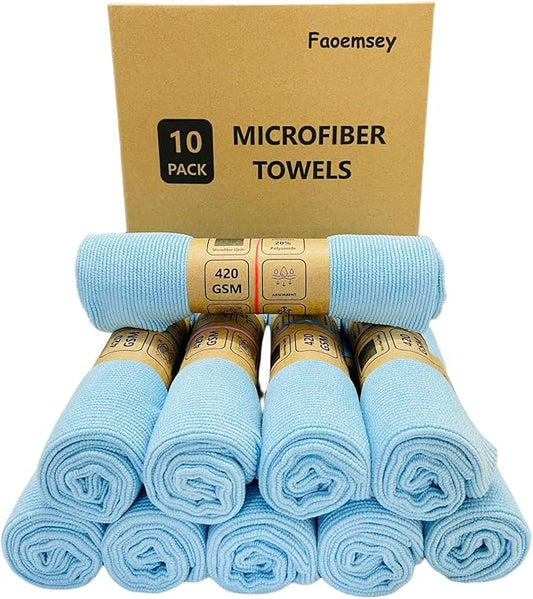 Microfiber Towels,10-Pack,16"x16",420GSM Edgeless,Soft Absorbent,Scratch-Free,Lint-Free,Professional Car Detailing Cloths,Home Cleaning Rays,Sky Blue