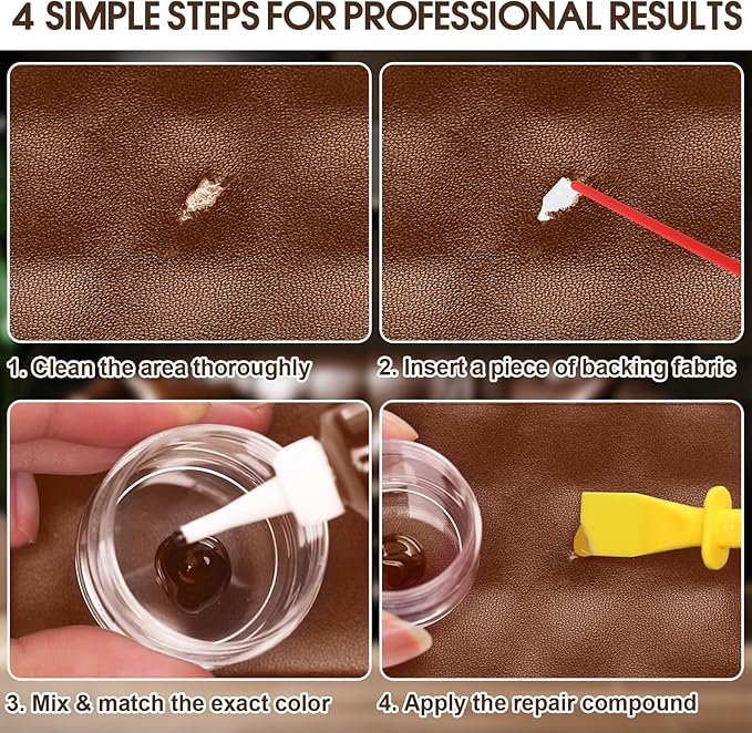 Brown Leather & Vinyl Repair Kit for Furniture, Car Seats, Couch, Purse - Fix Scratches, Tears, Fading on Genuine, Faux, Artificial Leather - Super Easy Instructions with Color Mixing Guide