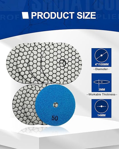 SHDIATOOL 4 Inch Dry Diamond Polishing Pads Grit 50 Diamond Sanding Pads Grinding Pads for Granite Marble Stone 7Pcs
