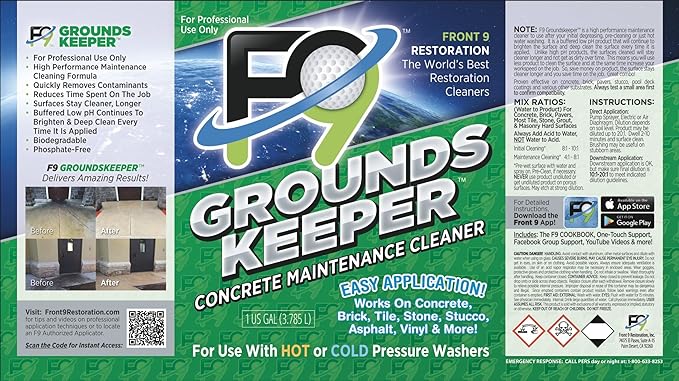 F9 Groundskeeper Cleaner – Industrial-Grade Concrete Maintenance Degreaser, Biodegradable & Phosphate-Free, Removes Tire Marks Soil & Grime 1 -Gallon