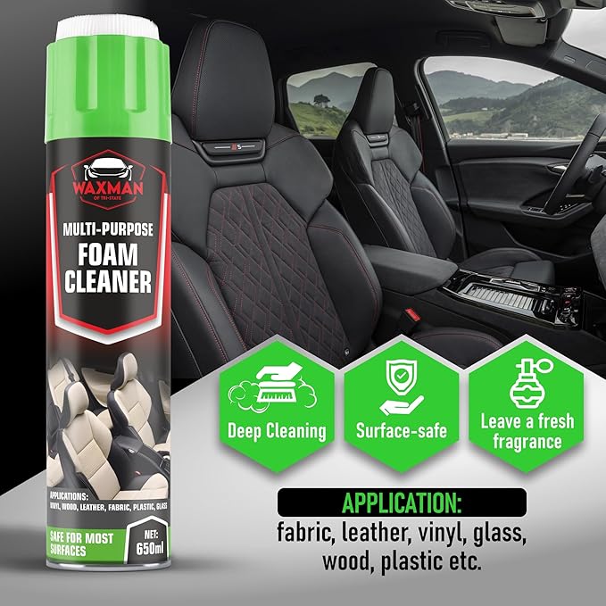 Car Interior Foam Cleaner - Multi-Purpose Deep Cleaning Foam Spray for Leather, Vinyl, Fabric, Plastic & Glass - Safe, Non-Drip Formula with Fresh Scent - 650ml