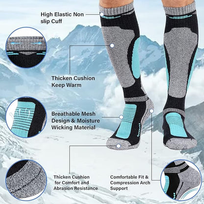 Merino Wool Ski Socks 2 Pairs for Mens Womens Knee High Thermal Snowboarding Socks for Cold Weather