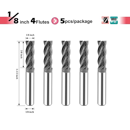SPEED TIGER ISE Carbide End Mill 1/8” – 4 Flute, Square Nose, AlTiBN Coated, CNC Router Bit for Hardened Steel, Alloy Steel, Stainless Steel – Made in Taiwan, 5-Pack