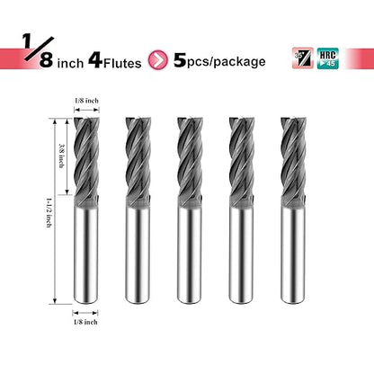 SPEED TIGER ISE Carbide End Mill 1/8” – 4 Flute, Square Nose, AlTiBN Coated, CNC Router Bit for Hardened Steel, Alloy Steel, Stainless Steel – Made in Taiwan, 5-Pack
