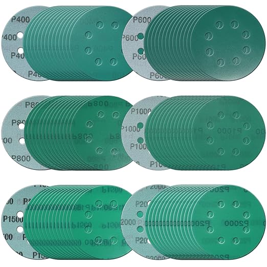 5 Inch 8 Hole Sanding Discs, 90 Pcs Wer Dry Sanding Disc Set 400 600 800 1000 1500 2000 Assorted Grits Hook and Loop Green Polyester Film Backed Sandpaper with Interface Pad for Random Orbital Sander