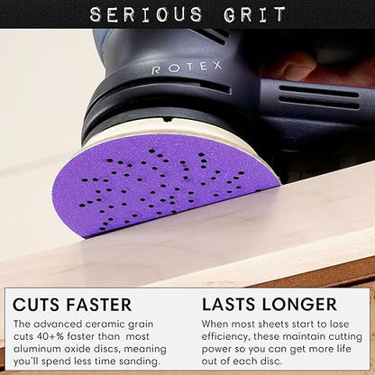 Serious Grit - 3.5-Inch (90mm) 60 Grit Sanding Discs - Advanced Ceramic Grain - Universal Multi-Hole Design Fits Festool RO 90 & Other 3.5 in RO Sanders - Heavy-Duty Hook & Loop Film Discs - 25 Pack
