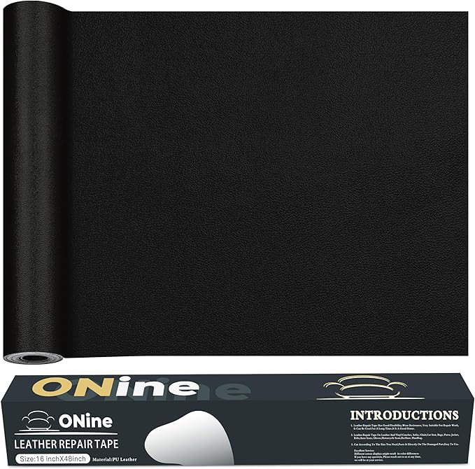 ONine Leather Repair Patch，Leather Repair Tape, 16 x 48 inches Leather Repair Patch for Furniture,Vinyl Repair kit，Leather Couch Patch，for Sofas, Furniture, car Seats(Black-Fine Grain)