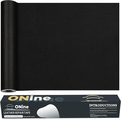 ONine Leather Repair Patch，Leather Repair Tape, 16 x 48 inches Leather Repair Patch for Furniture,Vinyl Repair kit，Leather Couch Patch，for Sofas, Furniture, car Seats(Black-Fine Grain)