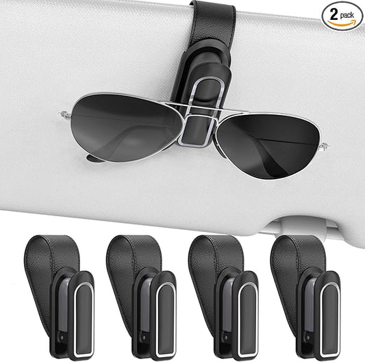 Veharvim Sunglass Holder for Car (One-Handed-Operation, Gentle & Secure Hold, Silicone Padded, Universal Fit, Metal Clip) Visor Sunglass Holder Clip,Visor Sunglass Holder Car (Black & Silver, 4 Pack)