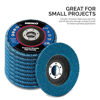 NEIKO 11255A 10 Pack Jumbo Zirconia Flap Discs 4-1/2 for Angle Grinder, 40 Grit Flapper Wheel, Flat T27 Grinding Wheel 4.5 Inch, 7/8" Arbor Grinding Disc, Flap Wheel for Wood & Metal Sanding