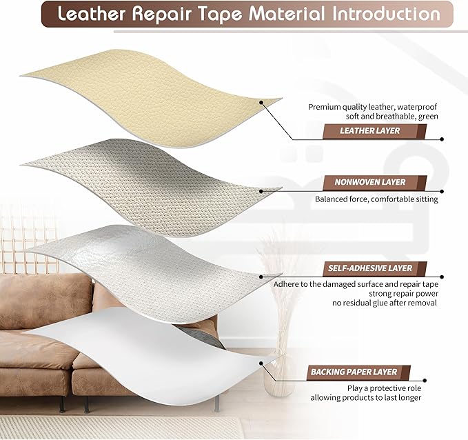 KING MOUNTAIN Leather Repair Patch, 12 x 60 Inches Self-Adhesive Repair Tape for Damaged Furniture, Sofa Seating, Car Seats, Goods (Beige Yellow)