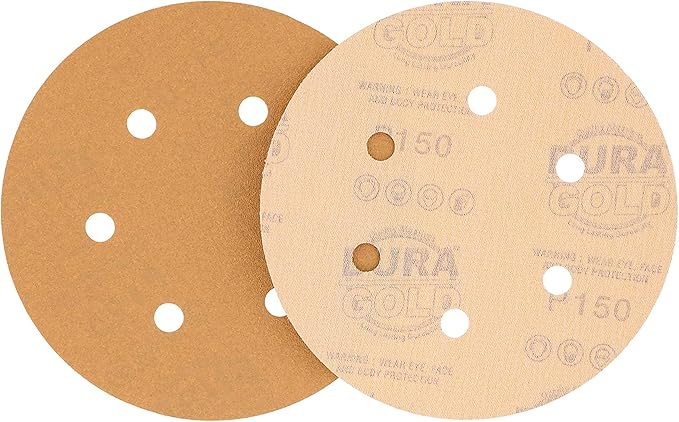 Dura-Gold Premium 150 Grit 6" Gold Sandpaper Discs, 6 Hole Pattern Dustless, Box of 50 - Hook & Loop Backing for DA Sander, Finishing Med-Cut Sanding Abrasive Automotive Paint, Woodworking Wood, Metal
