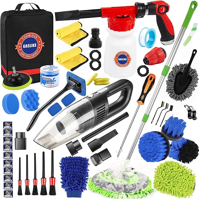 GASLIKE 63PCS Car Wash Cleaning Kit,Car Wash Brush with Long Handle,Car Detailing Kit with Foam Gun,Car Cleaning Supplies,Handheld Vacuum, Car Detailing Kit (63PCS)