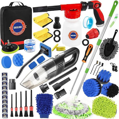 GASLIKE 63PCS Car Wash Cleaning Kit,Car Wash Brush with Long Handle,Car Detailing Kit with Foam Gun,Car Cleaning Supplies,Handheld Vacuum, Car Detailing Kit (63PCS)