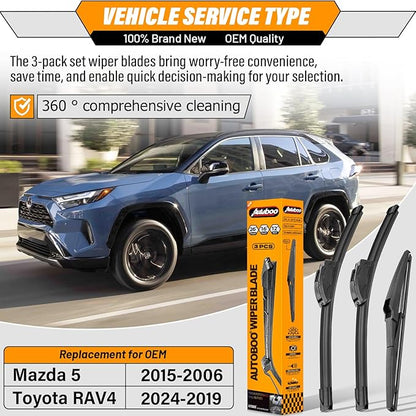 AUTOBOO 26"+16" Windshield Wipers with 12" Rear Wiper Blade Replacement for Toyota RAV4 2019 2020 2021 2022 2023 2024,Mazda 5 2015 2014 2013 2012 2011 2010-2006 -Original Factory Quality (Pack of 3)