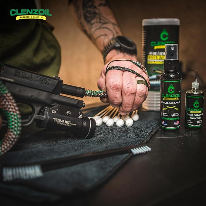 CLENZOIL Field & Range Pistol & Rifle Essentials Gun Cleaning Kit | CLP Spray & Oiler with Bore Cleaner | Clean, Lubricate & Protect | Nylon Brush, Bore Swabs & Microfiber
