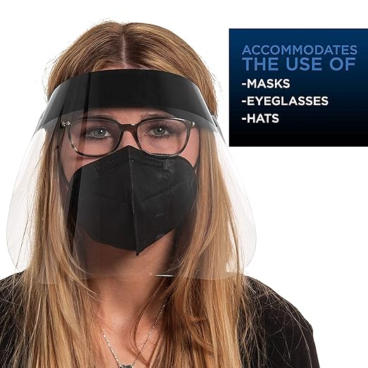 Salon World Safety Black Face Shields (Pack of 10) - Ultra Clear Protective Full Face Shields to Protect Eyes, Nose and Mouth - Anti-Fog PET Plastic, Elastic Headband - Sanitary Droplet Splash Guard