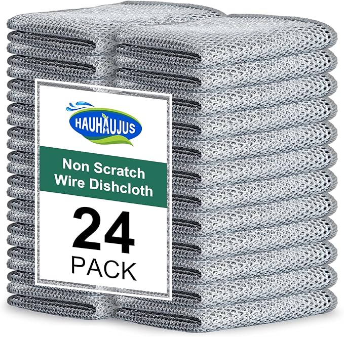 HAUHAUJUS Multipurpose Non Scratch Wire Dishwashing Rags, Cleaning Cloths, 24 Pack