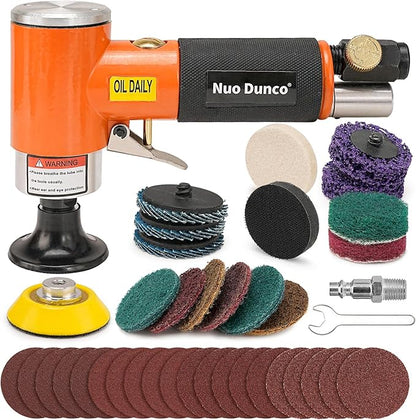 NuoDunco 2 Inch Pneumatic Mini Orbital Sander Kit 2-in-1 Air Right Angle Grinder Polisher Kit Surface Prep Tool with 40 Pcs Quick Change + Hook & Loop Sanding Discs for Metal & Woodworking