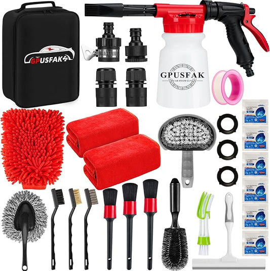 GPUSFAK 26Pcs Car Wash Cleaning Kit with Foam Gun Sprayer Detailing Brushes Window Water Scraper Tire Brush Towels Complete Interior Exterior Detailing Set for Car