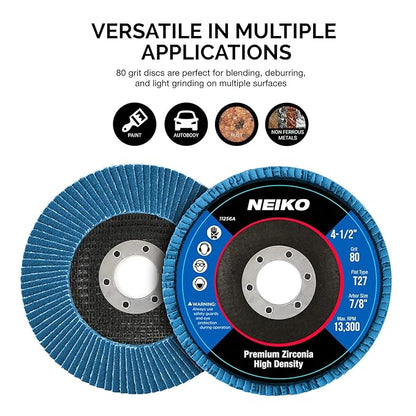 Neiko 11256A High Density Jumbo Premium Zirconia Flap Disc | 4.5" x 7/8-Inch, 80 Grit, Flat Type #27 - 10 Pack