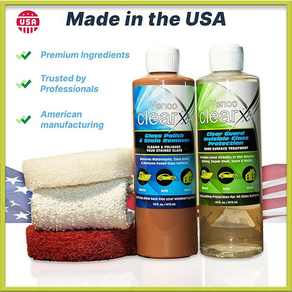 Venco Clear X Glass Polish & Protector - 16oz Kit for Removing Rust, Burnt-In Stains, Water Spots - Protects & Repels Water, Snow - Ideal for Yachts, Cars, Home Windows, RVs & More - Made in USA