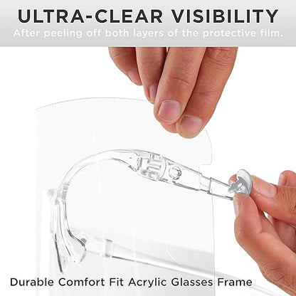 TCP Global Salon World Safety Face Shields with All Clear Glasses Frames (Pack of 25) - Ultra Clear Protective Full Face Shields to Protect Eyes, Nose, Mouth - Anti-Fog PET Plastic, Goggles