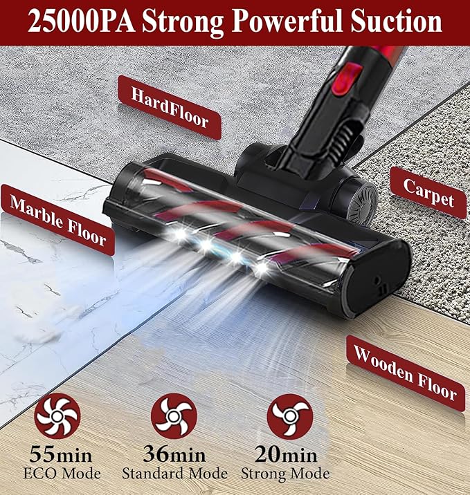 VYKLO V8 Cordless Vacuum Cleaner, Powerful Suction Stick Vacuum, 55Mins Runtime, Wireless Lightweight Handheld Vacuum Cleaner for Home, Hardwood Floor, Carpet, Car, Pet Hair Cleaning (Red)