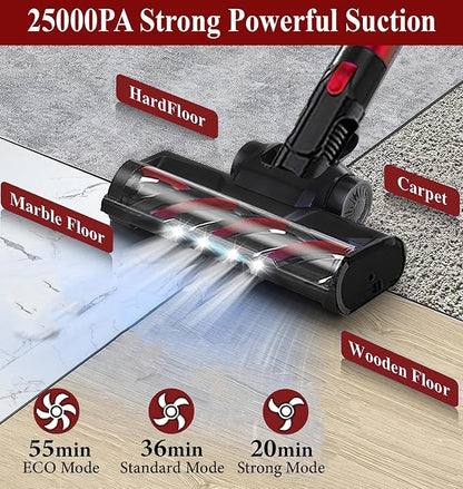 VYKLO V8 Cordless Vacuum Cleaner, Powerful Suction Stick Vacuum, 55Mins Runtime, Wireless Lightweight Handheld Vacuum Cleaner for Home, Hardwood Floor, Carpet, Car, Pet Hair Cleaning (Red)