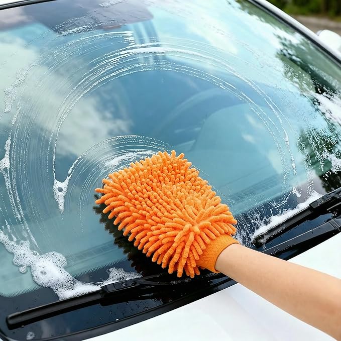 Car Wash Mitt Microfiber, 2PK-Scratch & Lint Free, Premium Chenille Microfiber Wash Mitt (Orange)