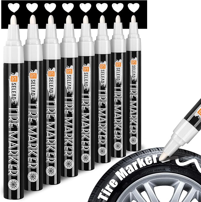 SELEAD Tire Marker White - 8 Pack Paint Pens for Car Tires Lettering, Premium Professional Oil-based Ink, Waterproof Non-Fading Permanent Markers