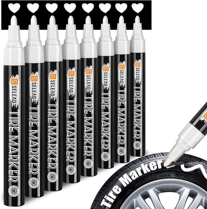 SELEAD Tire Marker White - 8 Pack Paint Pens for Car Tires Lettering, Premium Professional Oil-based Ink, Waterproof Non-Fading Permanent Markers