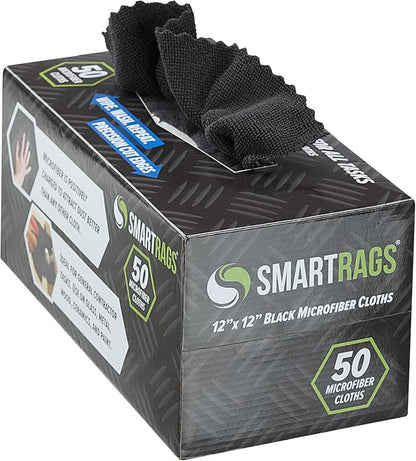 Arkwright Smart Rags in Box - (Pack of 50) Lint Free Microfiber Cleaning Cloth, Scratch & Streak-Free, Dispensable Wash Towels for Cars, Window Glass, and Auto Shop, 12 x 12 in, Black