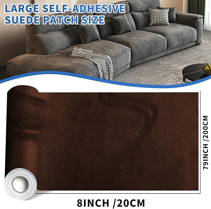 Suede Repair Patch, 8x79 inch Large Faux Suede Leather Fabric，Self-Adhesive Fabric Patches for Furniture, Couch, Sofa, Car Interior, Shoes, Hand Bag, Jewelry Boxes ﻿ (Dark Brown)