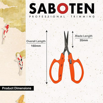 Saboten Stainless Steel Straight Blade Trimming Scissors Orange PT-12 160mm Precision Gardening Bonsai and Floral Shears Made in Japan