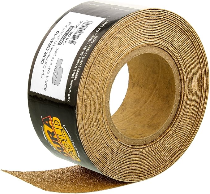 Dura-Gold Premium Gold 40 Grit PSA Longboard Sandpaper, 10 Yard Roll, 2-3/4" Wide, Self Adhesive Stickyback, Woodworking & Automotive Sandpaper Roll, Air File Sand Paper, Auto Sanding Blocks