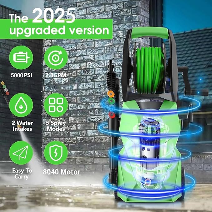 Pressure Washer 5000 PSI,2.8 GPM Power Washer with Foam Cannon,Portable Cleaner with 33ft Hose Reel,4 Nozzle Tips,and Soap Bottle for Cars/Home/Driveways/Patios/Decks/Fences(Dark Green)