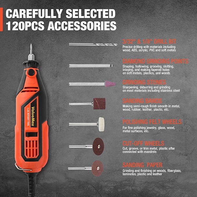 ValueMax Power Rotary Tool Kit, 1.2-Amp Variable Speed Corded Rotary Tool with 120 Pcs Accessories for Crafting, Including Carving, Engraving, Sanding, Polishing, Cutting tools and Carrying Bag