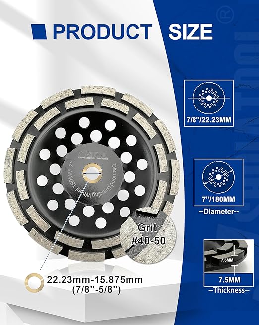 SHDIATOOL 7-Inch Double Row Diamond Grinding Cup Wheel for Concrete, Granite, Marble, Masonry, Brick – 7/8-Inch -5/8 Inch Arbor, Aggressive Grinding