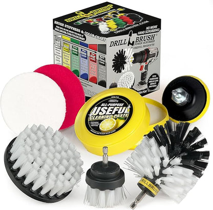 Drillbrush White Soft Bristle Nylon Brush Cleaning Supplies with All Purpose Cleaner Paste for Auto Upholstery - Vehicle Carpet Cleaner Attachments for Drill - Multi Purpose Household Essentials Kit