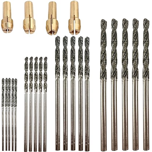 Drilax 24-Piece Diamond Drill Bits Set (1mm, 1.5mm, 2mm, 2.5mm) Compatible with Dremel Rotary Tools – Includes 4 Collets – Diamond Tipped Drill Bit for Stone, Glass, Sea Shells & Jewelry Making Tools