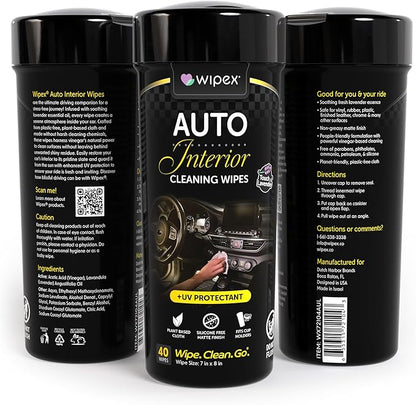 Wipex Car Screen Cleaner & Dashboard Cleaner Bundle - Auto Screen Wipes, Plant-Based Black Cloth, 24 Individually Wrapped Screen Wipes & 40 Interior Cleaning Wipes for Streak-Free Polish