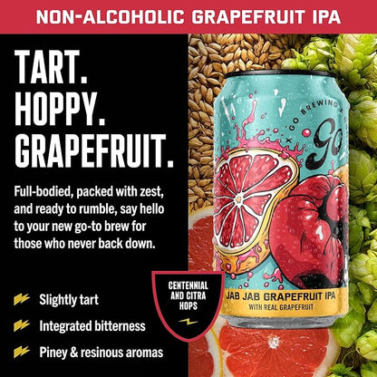 Go Brewing - Jab Jab Grapefruit IPA - Non-Alcoholic Craft Beer - Full-Bodied, Low-Calorie Brew - Tart, Hoppy, Grapefruit Flavor Profile - Classic Ingredients - Ideal for Any Occasion (12 Oz, 12 Cans)