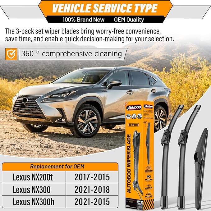 AUTOBOO 26"+16" Windshield Wipers with 12" Rear Wiper Blade Replacement for Lexus NX200t NX300 NX300h 2015 2016 2017 2018 2019 2020 2021 -Original Factory Quality (Pack of 3)