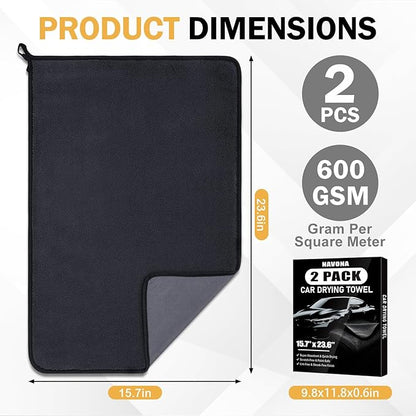 Navona 2-Pack Medium Size (23.6" x 15.7") Microfiber Towels, 600GSM Ultra Absorbent Car Drying Towels — Scratch-Free, Streak-Free, Lint-Free, Perfect for Cars, Shower Cabins, and Household Use