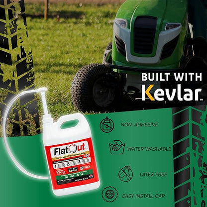 Flat Out Off Road Tire Sealant, Outdoor Power Equipment Formula with Valve Core Tool, Prevents Flat Tires, Fix a Flat Tire, Seals Leaks, Contains Kevlar, 1 Gallon