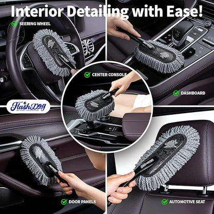 Flash Dog Car Duster Exterior with Car Duster Interior Wax Cotton Hair Scratch Free Cleaning for Cars, SUVs, Trucks | Waterless Dust Remover & Detailing Brushes Set with Storage