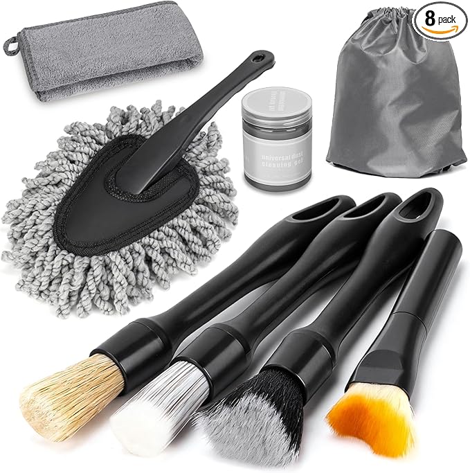 Viewmax 8PCS Car Detailing Brush Set, Interior Car Cleaning Kit with Dash Duster, 4 Detailing Brushes (Soft to Hard), Microfiber Towel, Cleaning Gel, for Vents, Dashboard & Leather Seats
