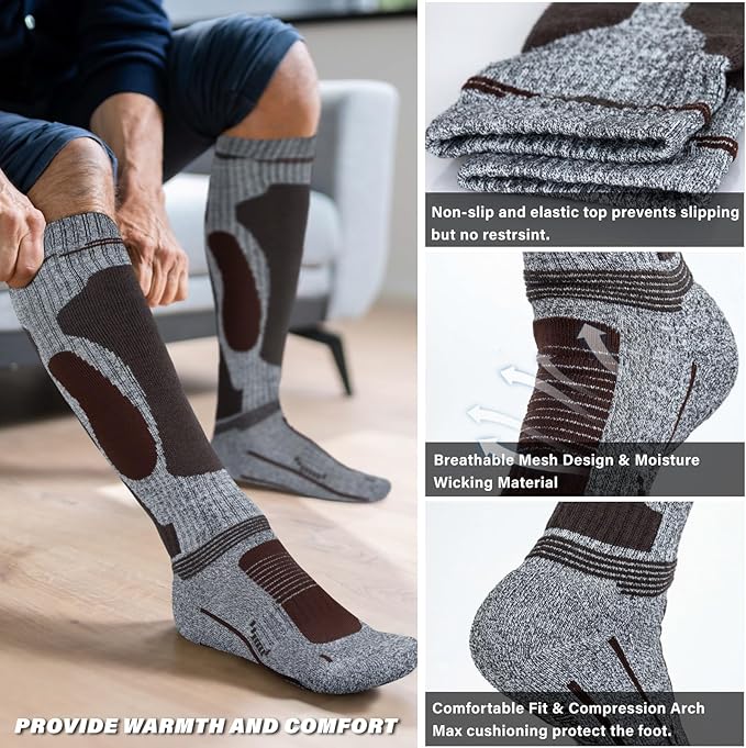 Merino Wool Ski Socks 2 Pairs for Mens Womens Knee High Thermal Snowboarding Socks for Cold Weather